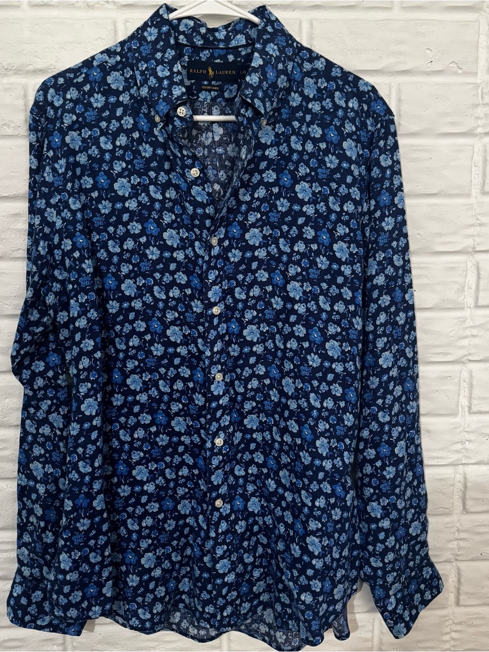 Ralph Lauren Luxury Linen Shirt Mens Large Blue Floral Button Up Long Sleeve
